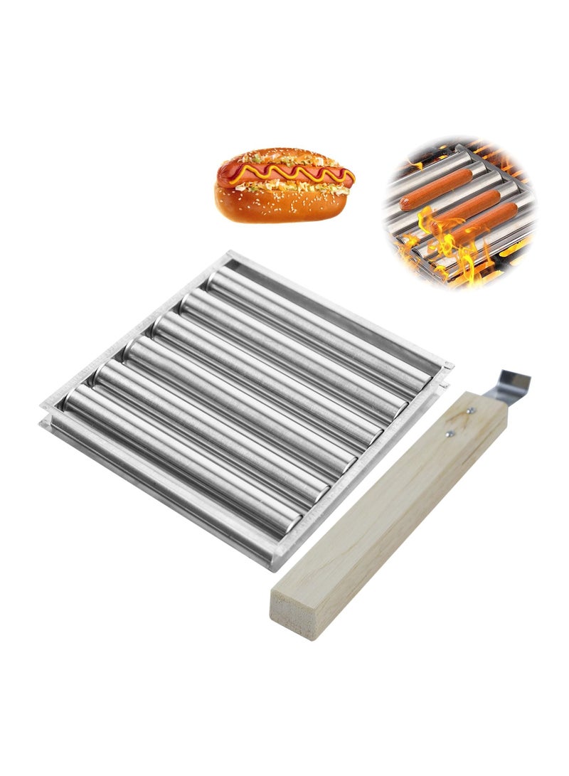 Hot Dog Roller for Grill, Stainless Steel Hot Dog Roller, BBQ Hot Dog 6 Roller Machine with Long Wood Handle, Sausage Roller Rack Cooked for 5 Hotdog Capacity for Outdoor Grills, Party (17.3x18.5cm)