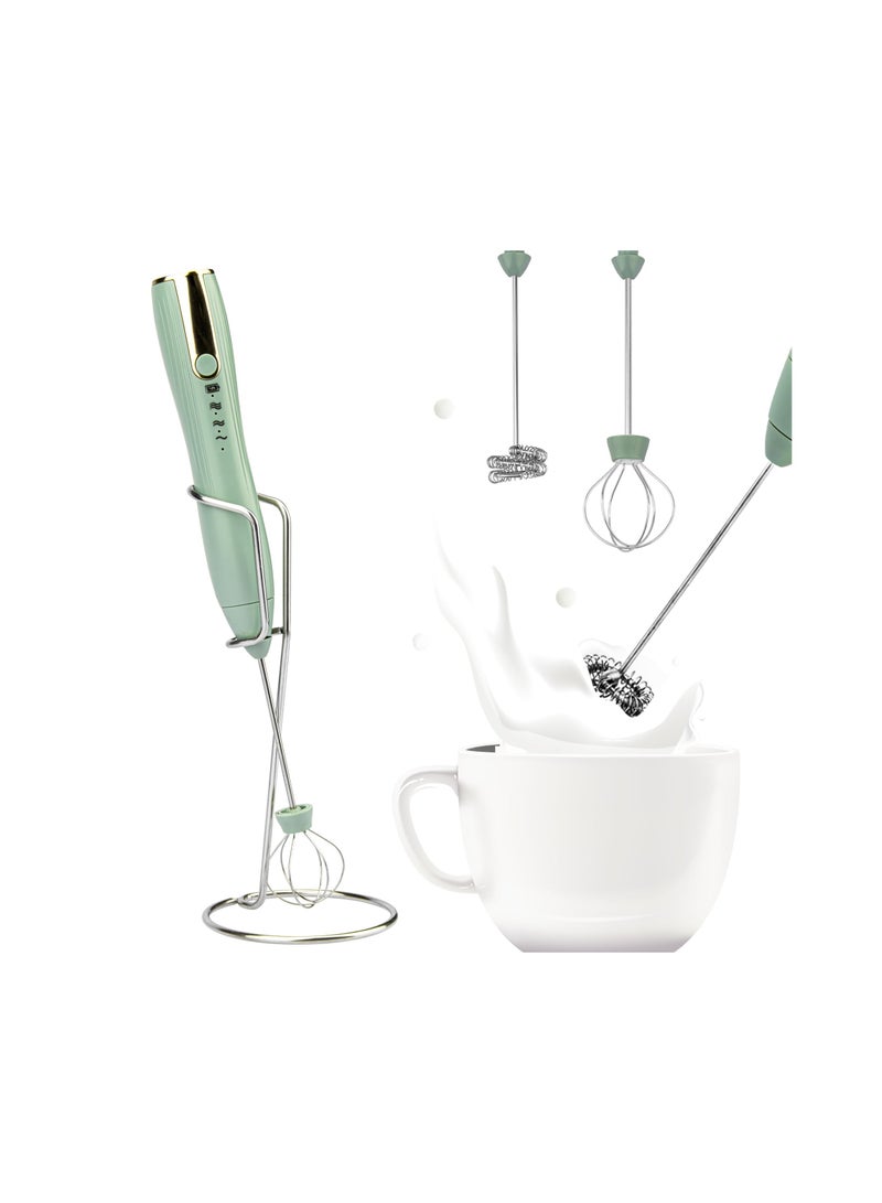 Handheld Milk Frother, USB-C Rechargeable Electric Whisk Drink Foam Mixer, 3 Speeds Adjustable Green Mini Coffee Frother for Latte, Cappuccino, Egg, Hot Chocolate(with 2 Heads 1 Stand)