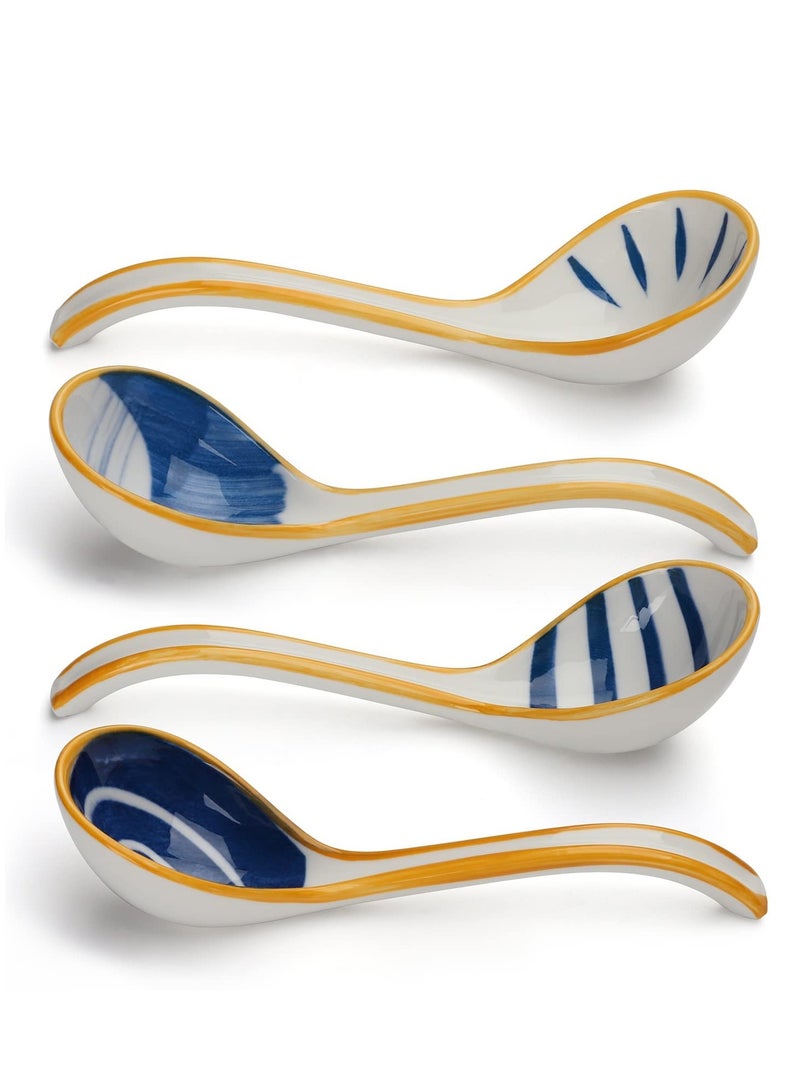 Ceramic Soup Spoons Set of 4, Japanese Style Long Handle Asian Soup Spoon Reusable Table Spoons for Ramen Pho Wonton Dumpling 