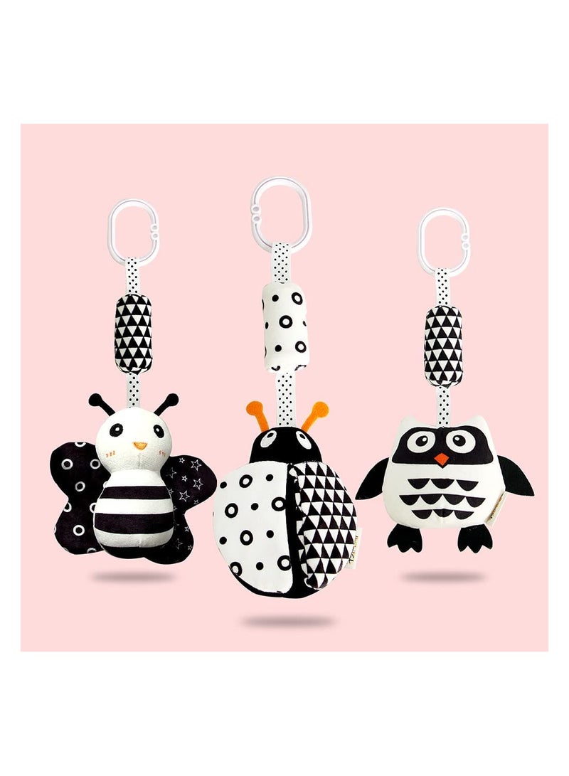 Hanging Rattle Toys, High Contrast Baby Toys and Plush Stroller Toys, Newborn Car Seat Toys with Black and White Cartoon Shapes Ladybug, Bee & Owl for Babies 0-36 Months (3 Pack)