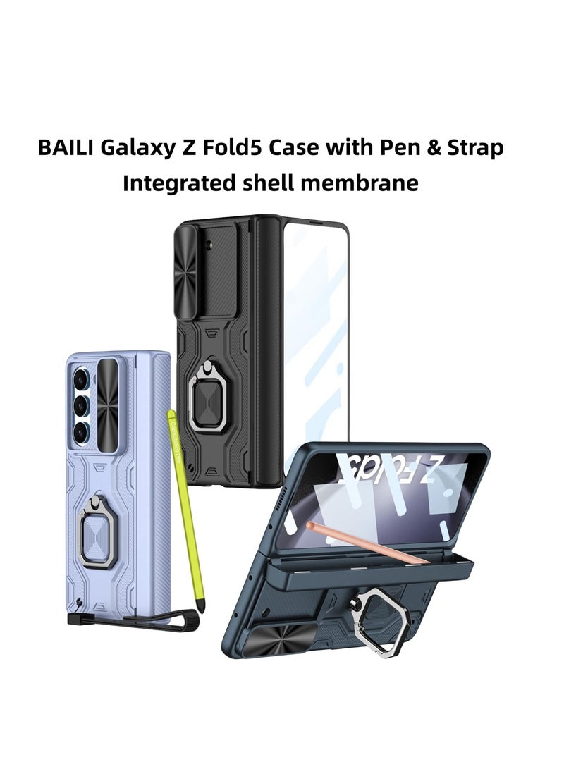 for Galaxy Z Fold5 Case with Pen, Galaxy Z Fold5 Slim S Pen Phone Case, All-Inclusive Shockproof Lens Slide Window Case Attached for Galaxy Z Fold5 (Black)