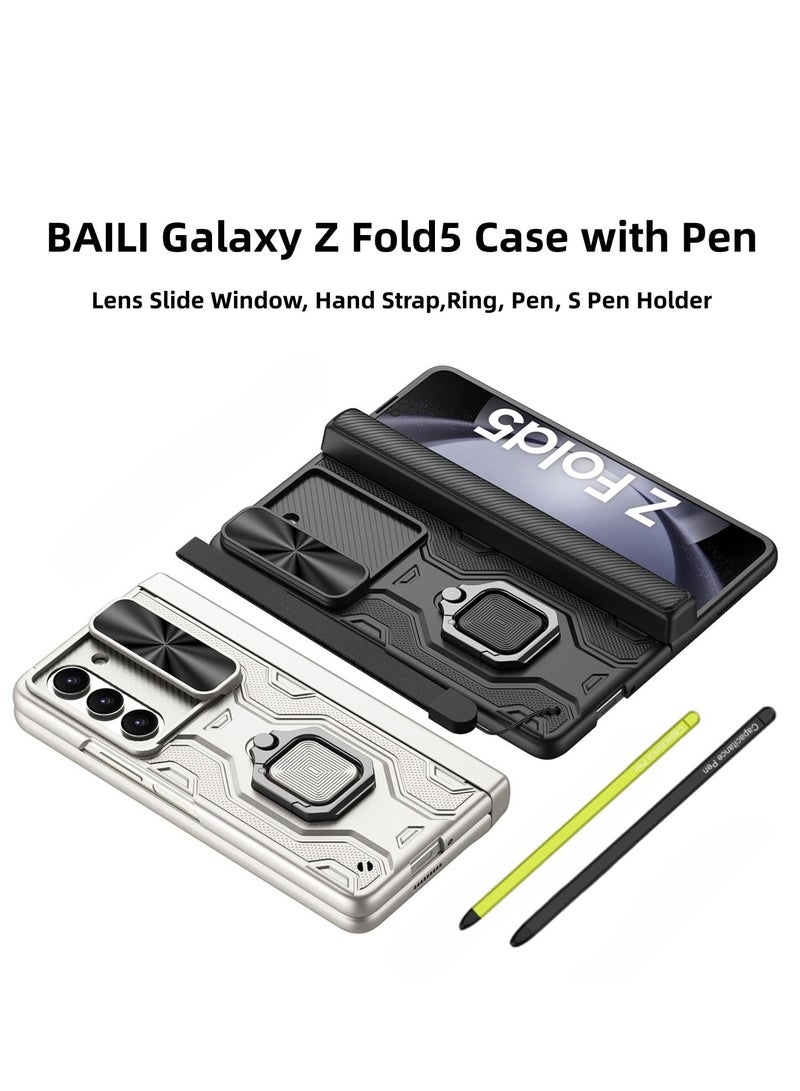 for Galaxy Z Fold5 Case with Pen, Galaxy Z Fold5 Slim S Pen Phone Case, All-Inclusive Shockproof Lens Slide Window Case Attached for Galaxy Z Fold5 (Black)