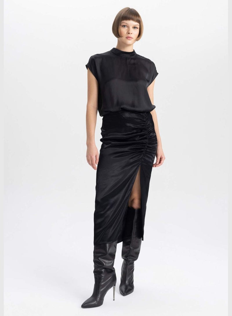 A Cut Satin Normal Waist Midi Skirt