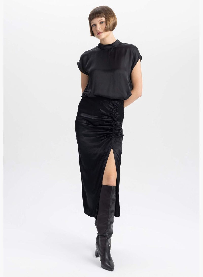 A Cut Satin Normal Waist Midi Skirt