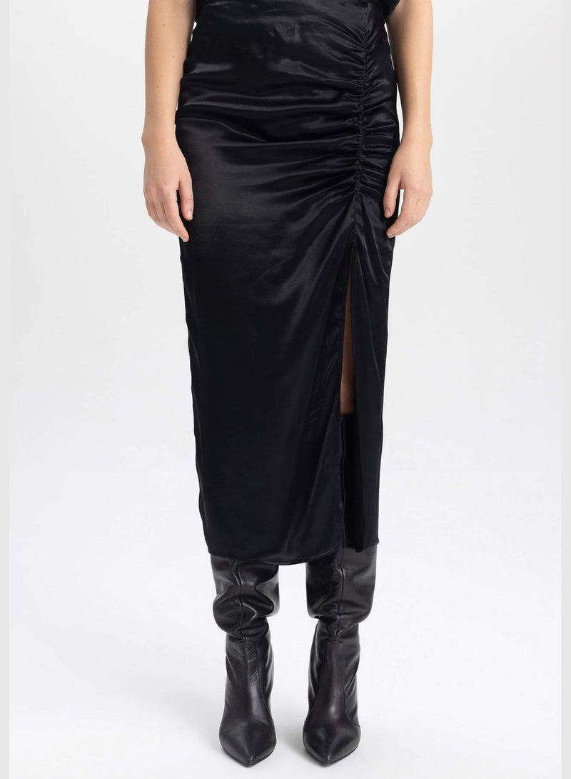 A Cut Satin Normal Waist Midi Skirt