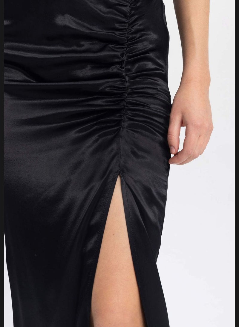 A Cut Satin Normal Waist Midi Skirt