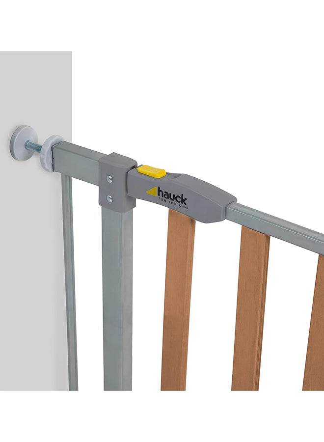 Safety Gate For Doors And Stairs Woodlock Safe Gate, 75 - 80 Cm Plus 21Cm Extension, Pressure Fit, No Drilling Needed, Extendable With Separate Extensions, Metal, Silver And Brown