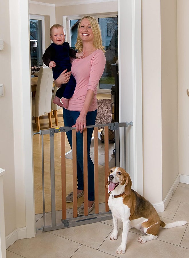 Safety Gate For Doors And Stairs Woodlock Safe Gate, 75 - 80 Cm Plus 21Cm Extension, Pressure Fit, No Drilling Needed, Extendable With Separate Extensions, Metal, Silver And Brown