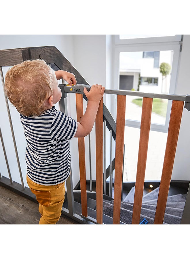 Safety Gate For Doors And Stairs Woodlock Safe Gate, 75 - 80 Cm Plus 21Cm Extension, Pressure Fit, No Drilling Needed, Extendable With Separate Extensions, Metal, Silver And Brown
