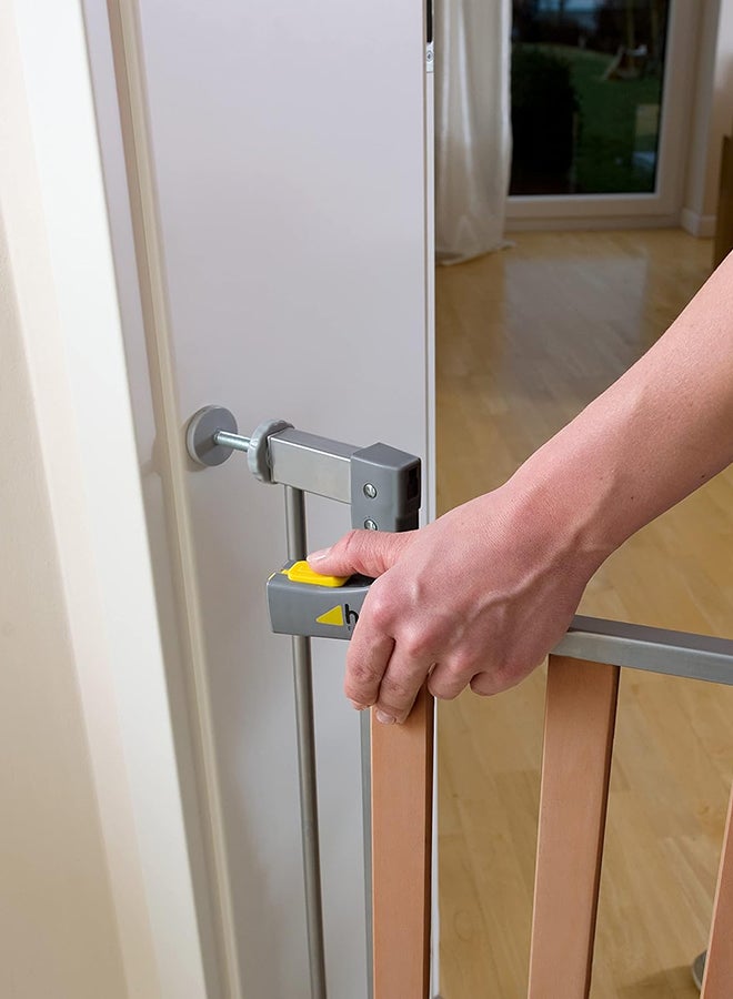 Safety Gate For Doors And Stairs Woodlock Safe Gate, 75 - 80 Cm Plus 21Cm Extension, Pressure Fit, No Drilling Needed, Extendable With Separate Extensions, Metal, Silver And Brown