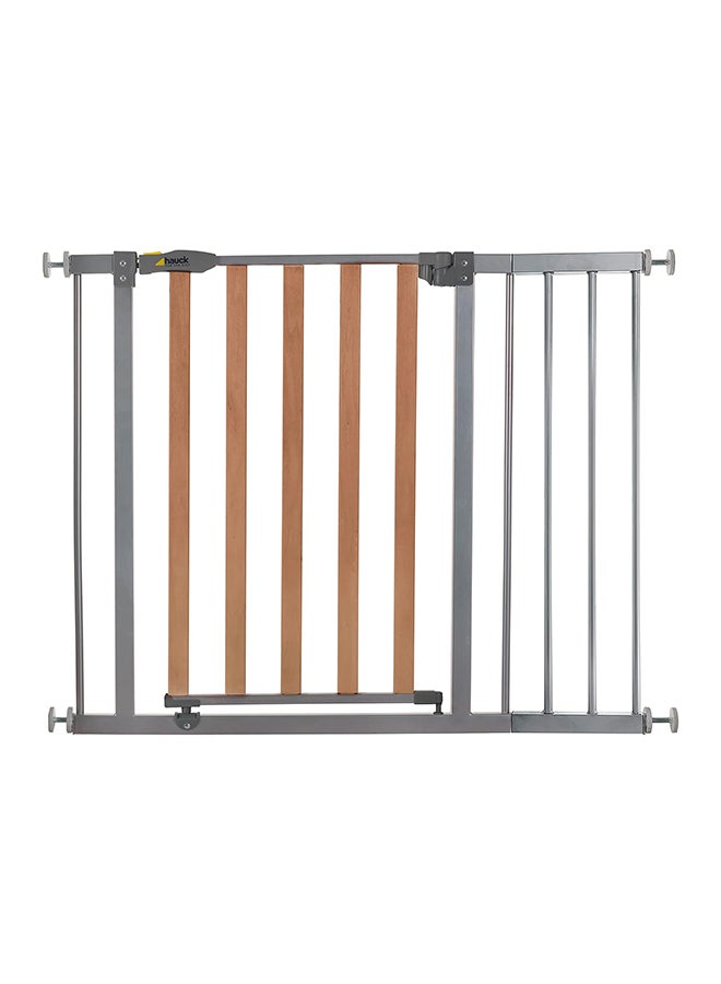 Safety Gate For Doors And Stairs Woodlock Safegate , 75 - 80 cm plus 21cm extension, Pressure Fit, No Drilling Needed, Extendable With Separate Extensions/Metal/Silver & Brown
