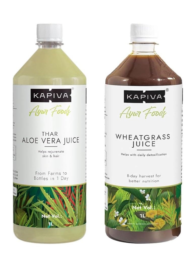 Aloe Vera Juice + Wheatgrass Juice, Ayurvedic Combo For Better Digestion, General Wellness, And Skin Care - Pack Of 2