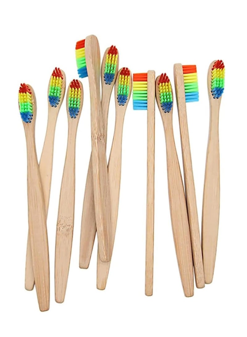 Manual Toothbrush, Bamboo Toothbrushes, Family Soft Wooden Natural Toothbrush, Biodegradable Eco Friendly Tooth Brush for Adults Travel Toothbrush, Rainbow Color, Pack of 10