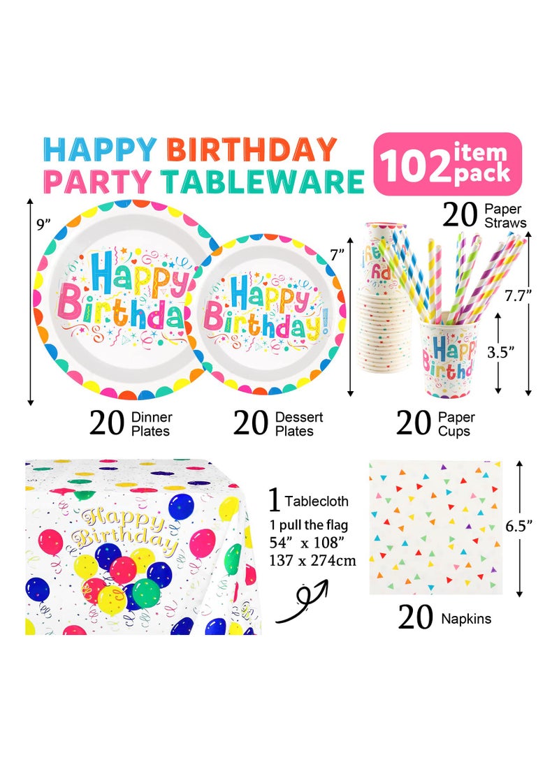 102 Pcs Birthday Party Tableware Set Party Paper Plates Cups Napkins Tablecloth Straws Birthday Party Supplies Decorations for 20 Guests