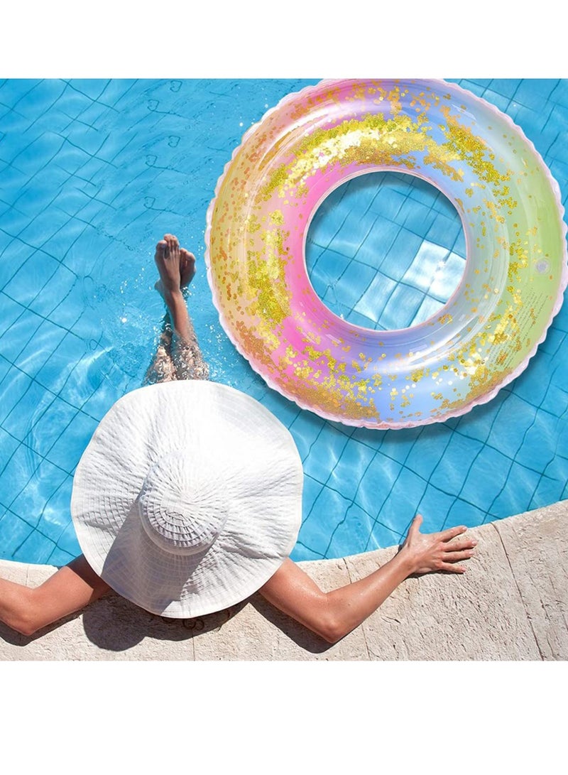 Color Gradient Swimming Ring, Large Inflatable Durable Round Swimming Ring, Summer Beach Pool Floating Rubber Ring, Sequins Multicolored Lifebuoy, Water Fun Pool Toys, 90cm