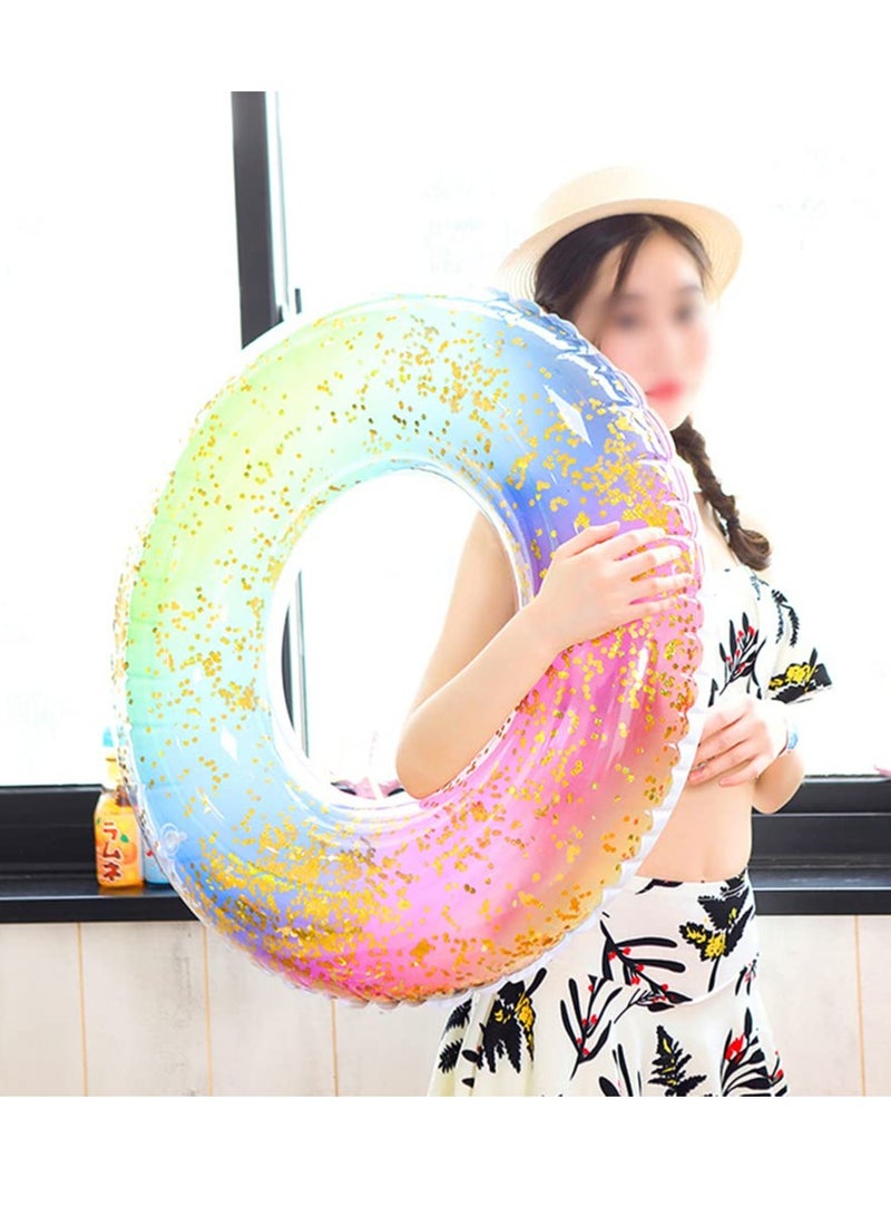 Color Gradient Swimming Ring, Large Inflatable Durable Round Swimming Ring, Summer Beach Pool Floating Rubber Ring, Sequins Multicolored Lifebuoy, Water Fun Pool Toys, 90cm
