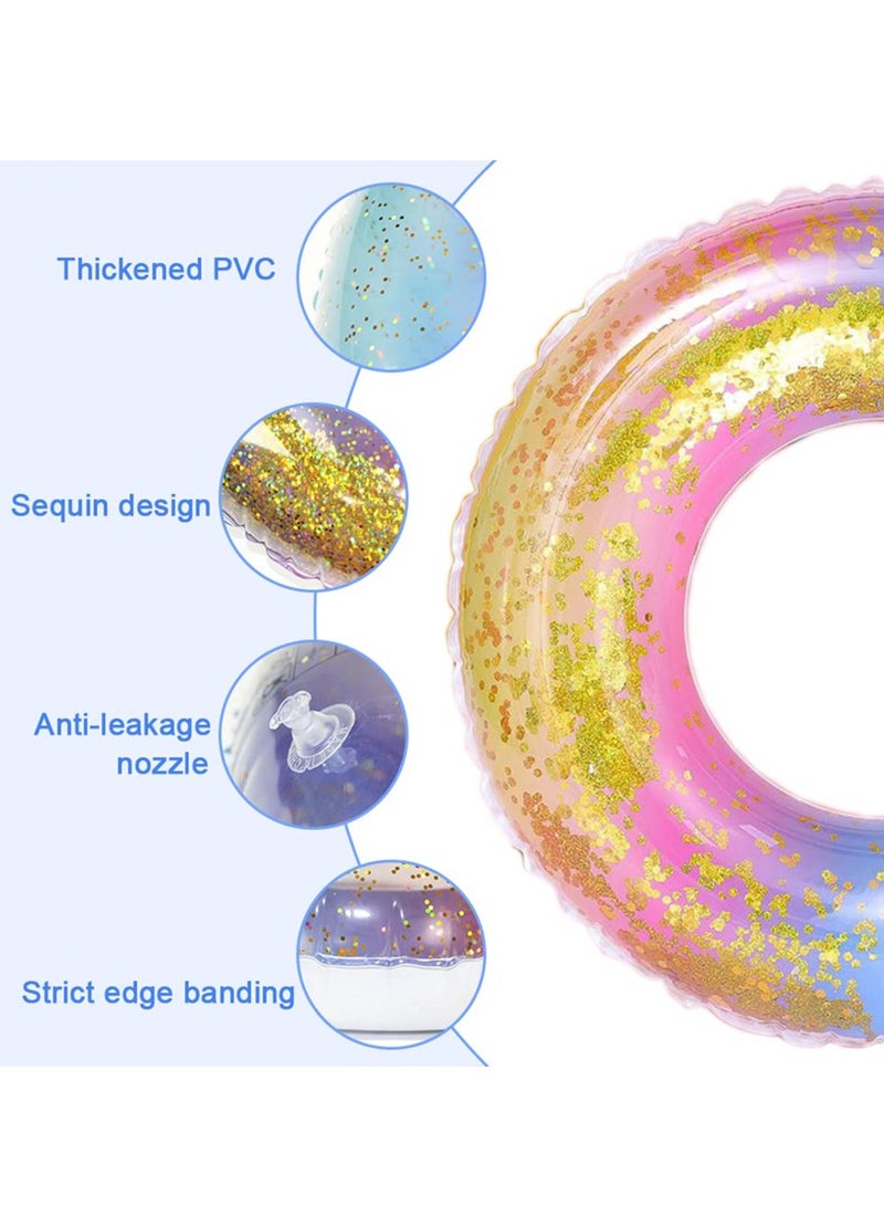 Color Gradient Swimming Ring, Large Inflatable Durable Round Swimming Ring, Summer Beach Pool Floating Rubber Ring, Sequins Multicolored Lifebuoy, Water Fun Pool Toys, 90cm