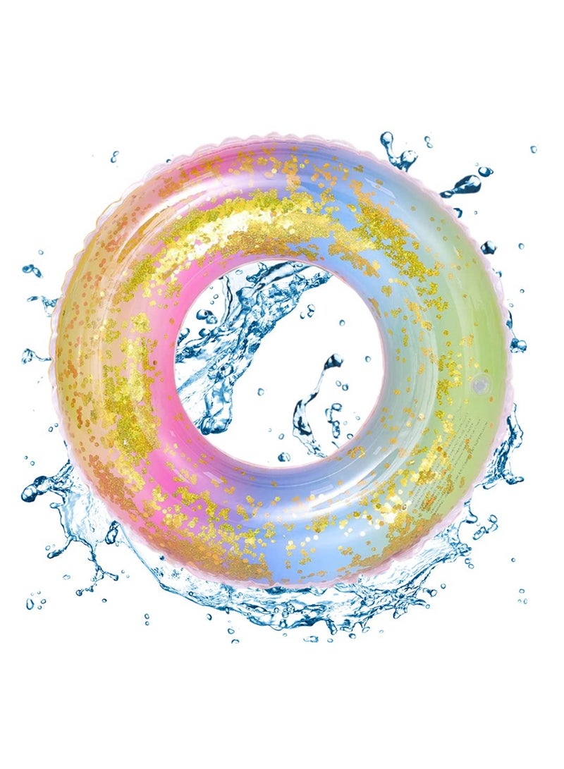 Color Gradient Swimming Ring, Large Inflatable Durable Round Swimming Ring, Summer Beach Pool Floating Rubber Ring, Sequins Multicolored Lifebuoy, Water Fun Pool Toys, 90cm