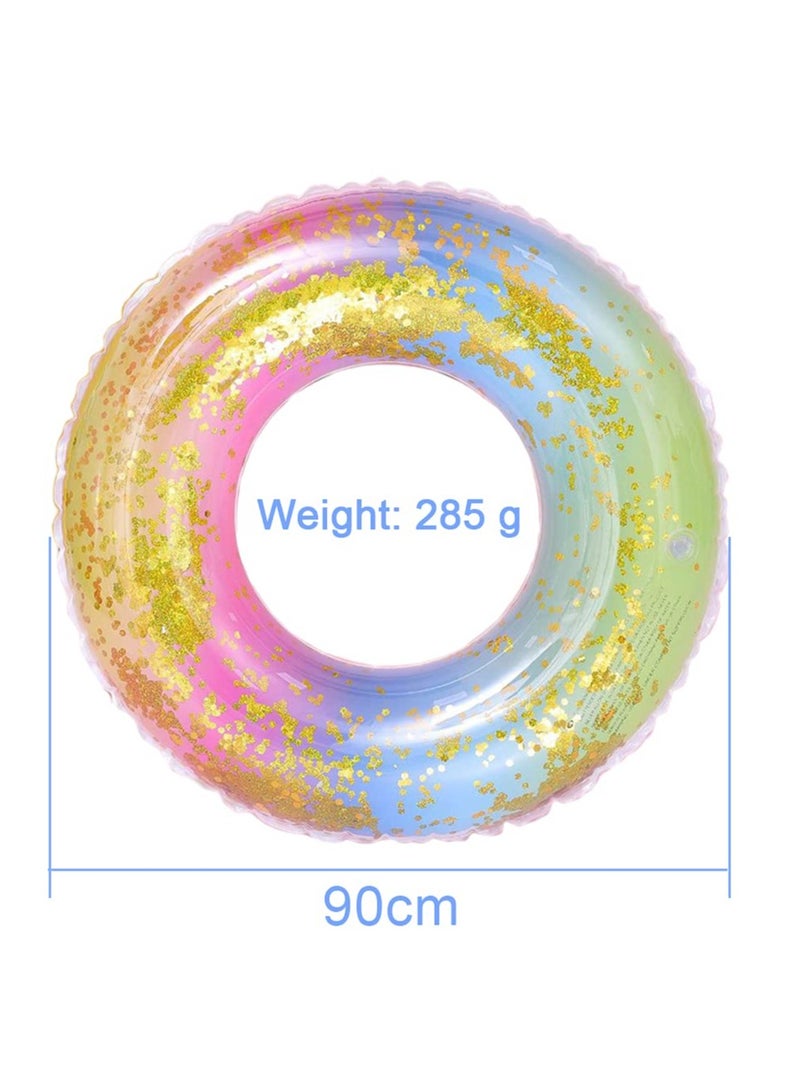 Color Gradient Swimming Ring, Large Inflatable Durable Round Swimming Ring, Summer Beach Pool Floating Rubber Ring, Sequins Multicolored Lifebuoy, Water Fun Pool Toys, 90cm