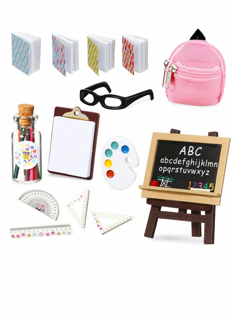 Doll School Supplies Mini Supplies, Backpack Glasses Blackboard Miniature Books Palette Paper Clipboard Pencil Rulers Accessories ( 8 Pieces )