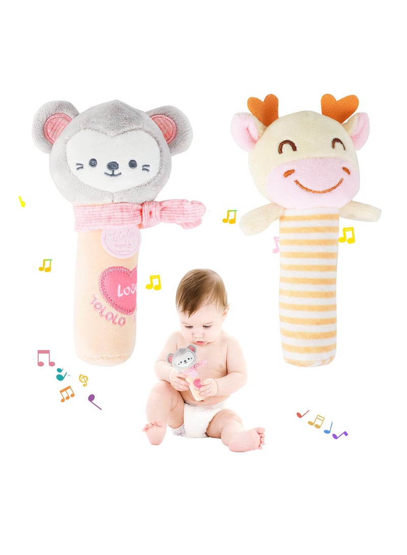 Baby Rattles Toys Soft Plush, Hand Grip Toys Stuffed Animal, Rattles Shaker for 3 6 9 12 Months Infants Newborn, 2 Pack