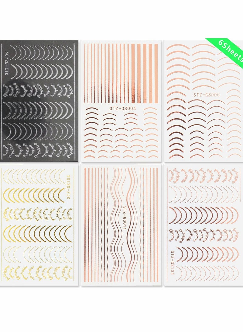 Nail Art Sticker 3D Metal Line Wavy Self-Adhesive Decal Rose Gold Silver Letter Stripe DIY Decoration Adhesive Design Accessories 6 Sheets