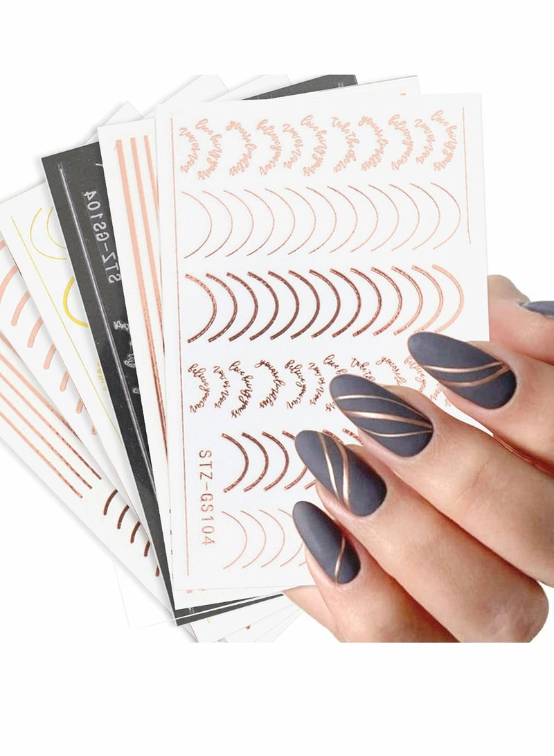 Nail Art Sticker 3D Metal Line Wavy Self-Adhesive Decal Rose Gold Silver Letter Stripe DIY Decoration Adhesive Design Accessories 6 Sheets