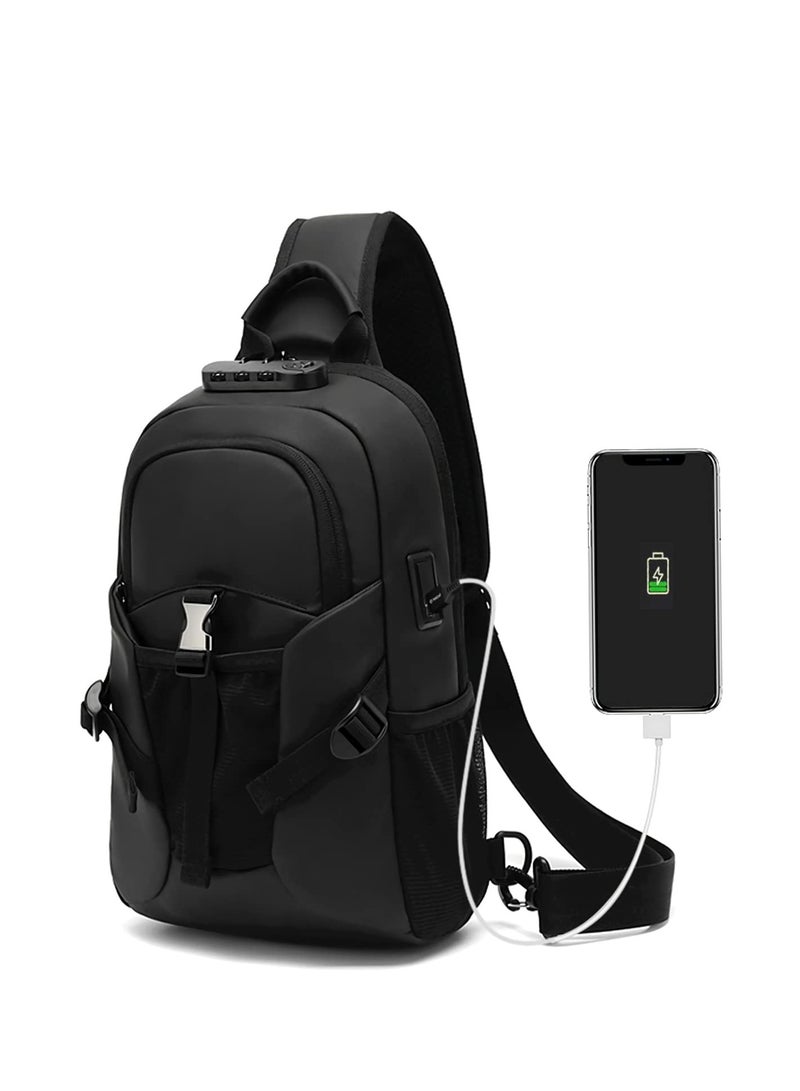 Anti Theft Backpack with USB Charging Port Travel Hiking Leisure Shoulder Crossbody Sling Bag Large Capacity Sports Lightweight Backpack Men and Women Universal Flat Chest Bag (Black)