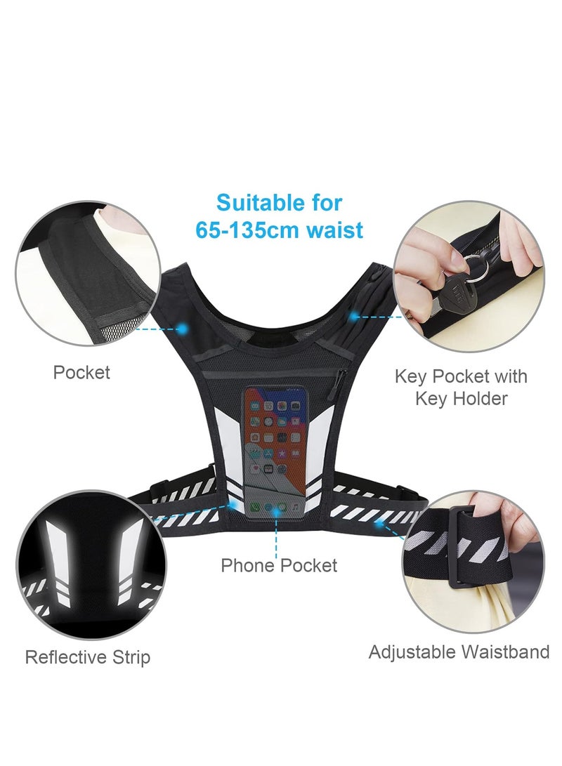 Running Phone Holder for Vest | Chest Pouch | Lightweight and Training | Key Clip | Luminous Straps | Waterproof | Reflective | Men and Women, Black, Black