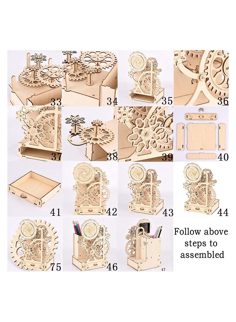 Wooden Clock with Music Box and Pen Holder, No Tick Sound, Mechanical Wood Clock Model Kits to Build, DIY Assembly Toy, Woodcraft Kit