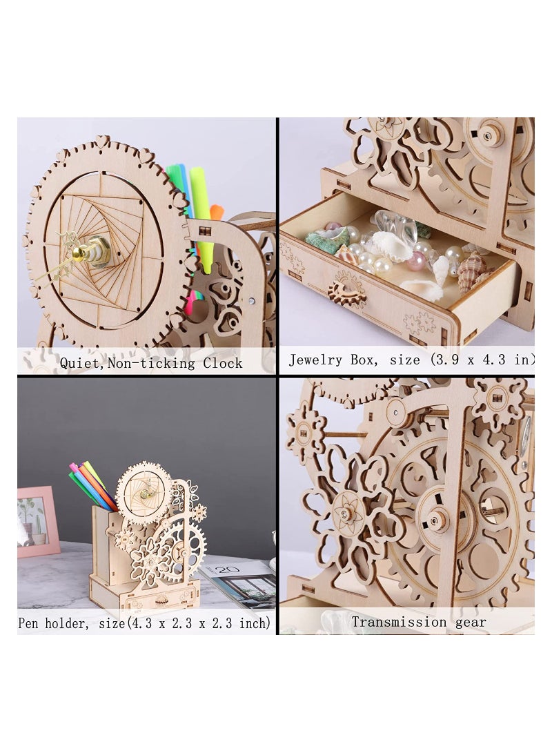 Wooden Clock with Music Box and Pen Holder, No Tick Sound, Mechanical Wood Clock Model Kits to Build, DIY Assembly Toy, Woodcraft Kit