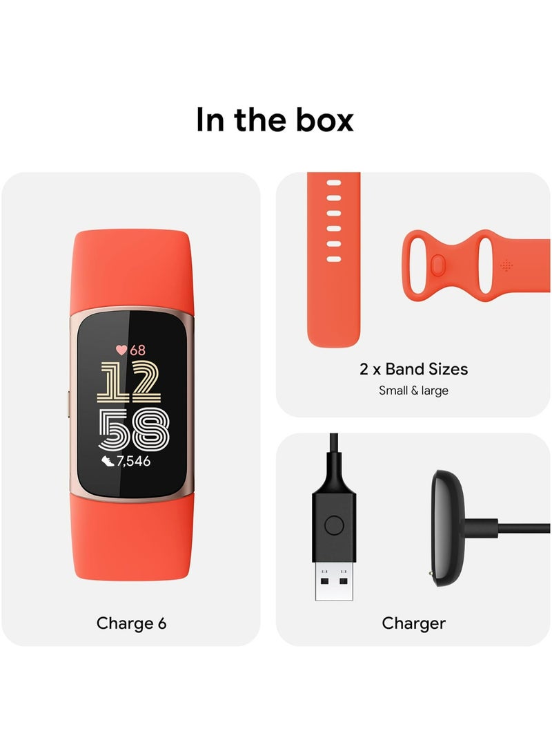 Charge 6 Fitness Tracker with Google apps, Heart Rate on Exercise Equipment, GPS, Health Tools and More, Coral/Light Gold, One Size (S & L Bands Included)