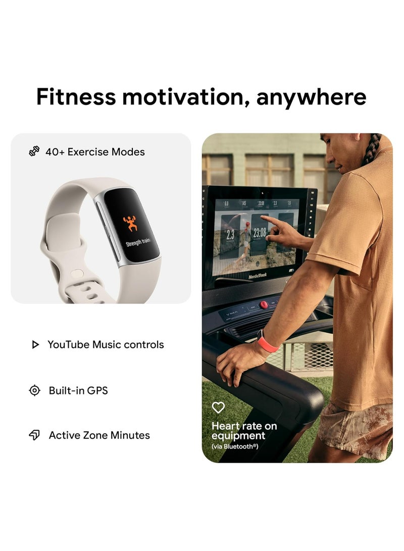Charge 6 Fitness Tracker with Google apps, Heart Rate on Exercise Equipment, GPS, Health Tools and More, Porcelain/Silver, One Size (S & L Bands Included)
