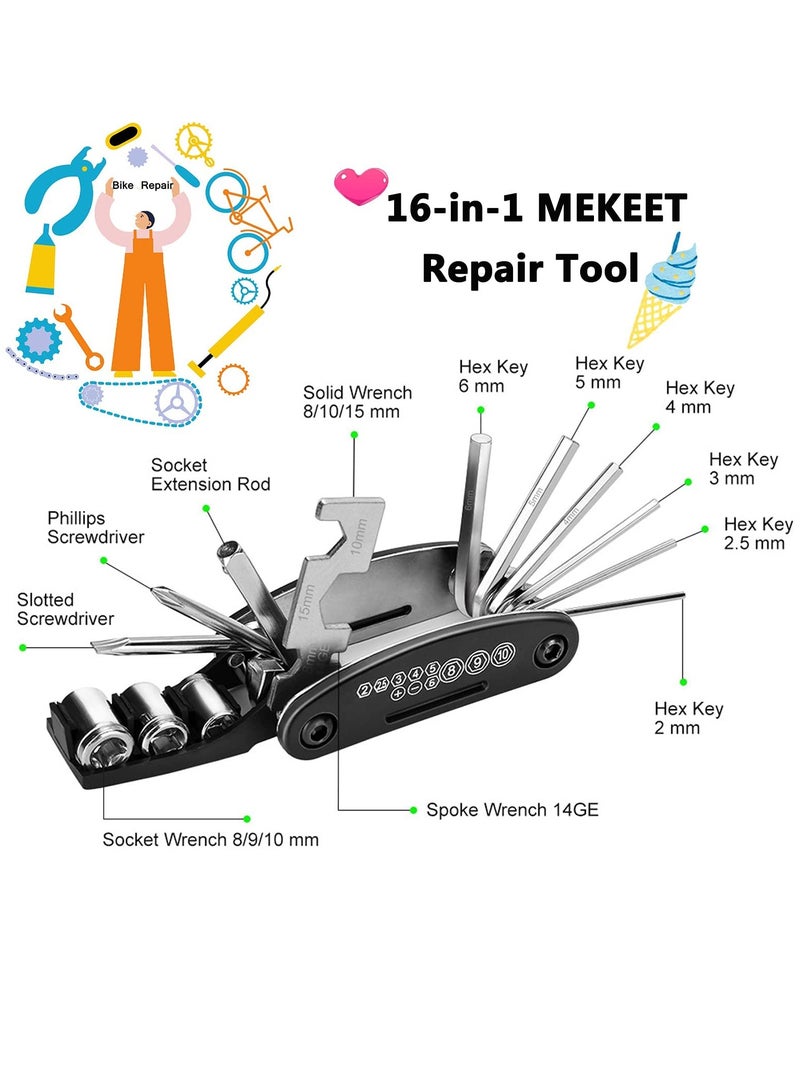 Bike Tool Kit Bike Puncture Repair Kit, 16 in 1 Bike Multifunction Tool Mountain Bike Accessories with Patch Kit and Tire Levers for Mountain Bike and Road Bike