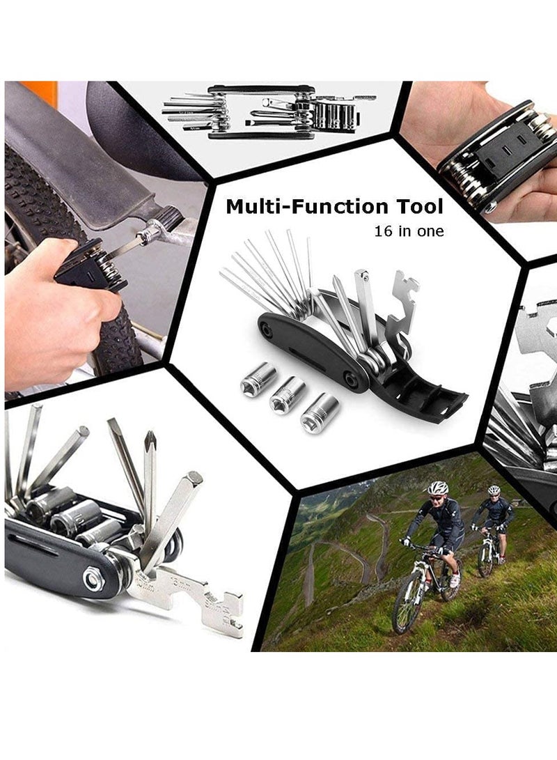 Bike Tool Kit Bike Puncture Repair Kit, 16 in 1 Bike Multifunction Tool Mountain Bike Accessories with Patch Kit and Tire Levers for Mountain Bike and Road Bike