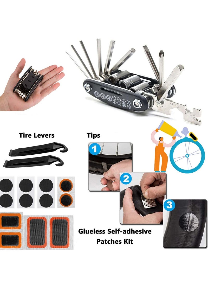 Bike Tool Kit Bike Puncture Repair Kit, 16 in 1 Bike Multifunction Tool Mountain Bike Accessories with Patch Kit and Tire Levers for Mountain Bike and Road Bike