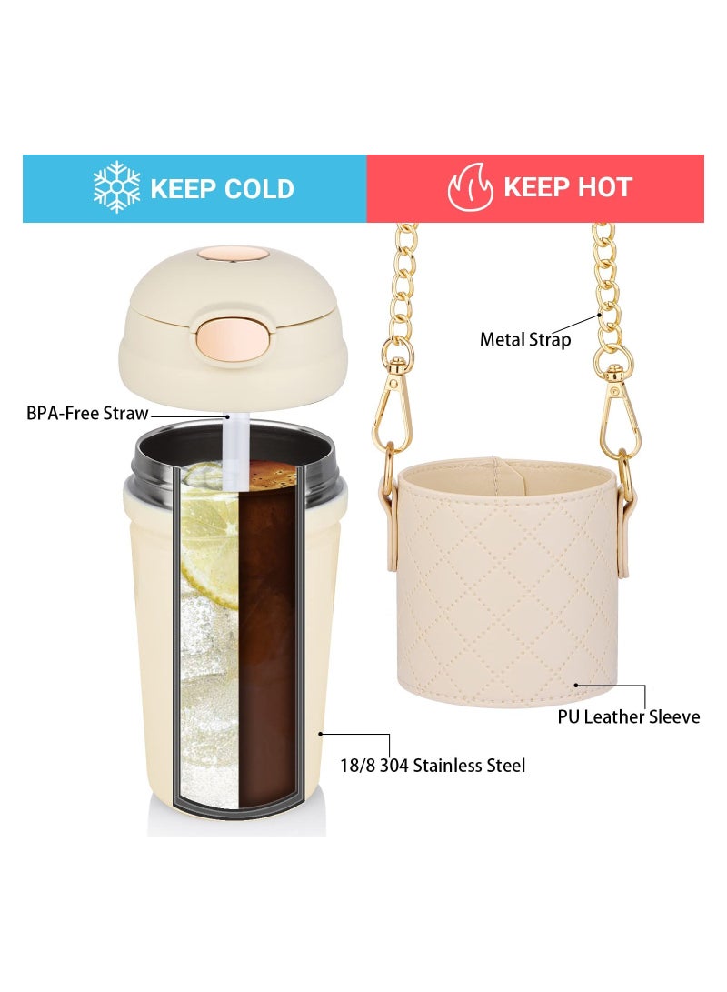 Thermos Water Bottle with Straw, Stainless Steel Thermos Sleeve and Strap, Kids Ladies Men's Coffee Mug for Home Office Outdoor Work Travel for Cold and Hot Drinks, 16oz/480ml (Beige)