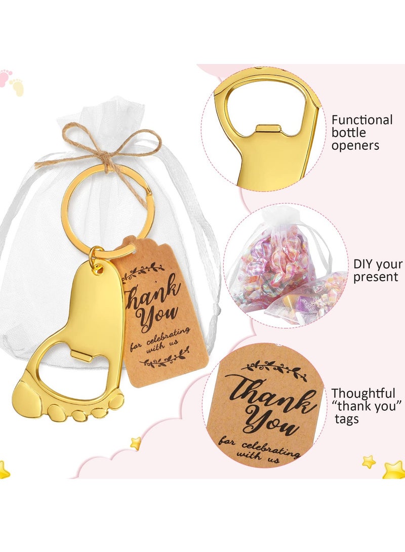 20 Pieces Footprint Keychain Bottle Opener Baby Shower Favors for Guest Baby Shower Souvenirs Bottle Opener Supplies and Decorations with Organza Bags Tags and Rope (Gold)