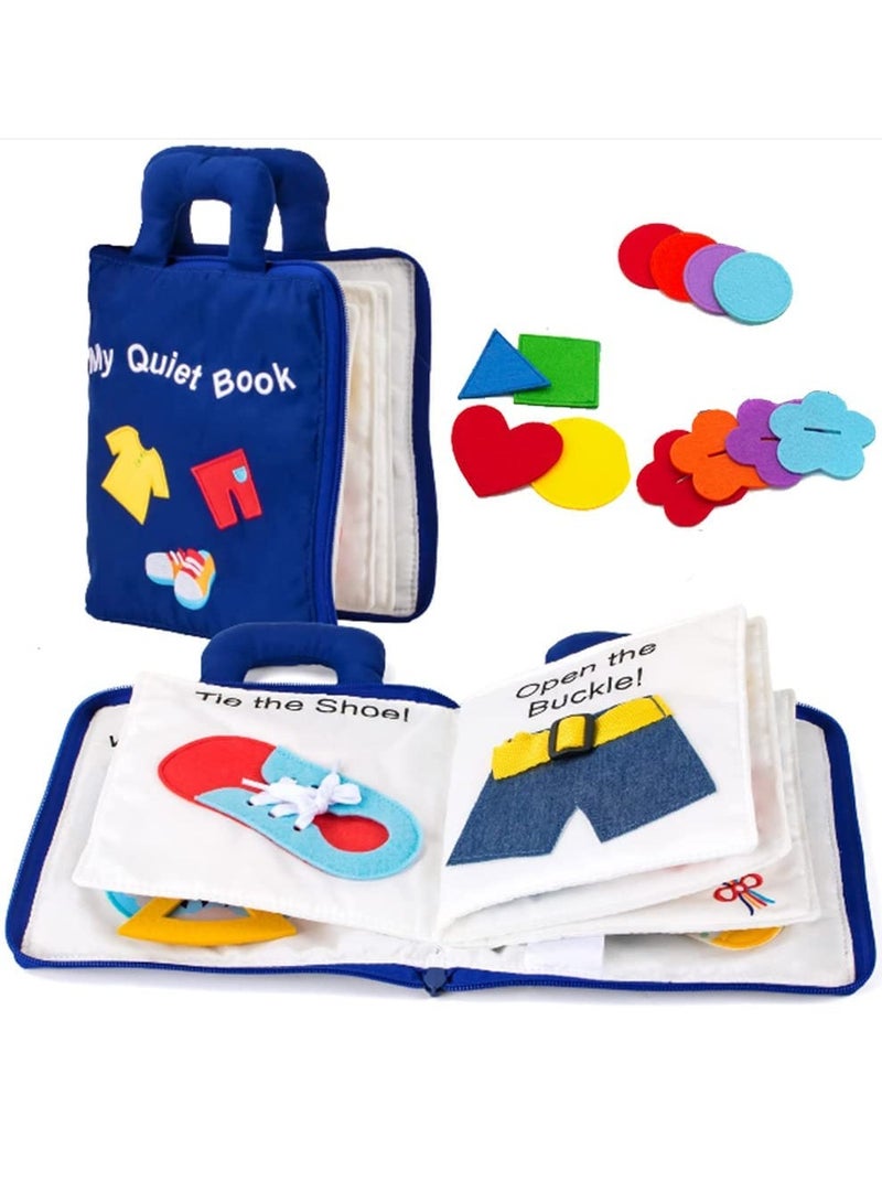 Montessori Activity Quiet Book - Travel Toy Cloth Book for Toddlers - 10 Topics, Activities for Early Learning How to Basic Life Skills for Toddlers, Interactive Book for Busy Boys and Girls(Blue)