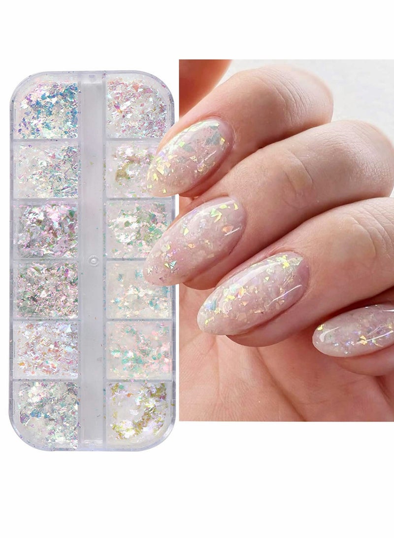Nail Art Glitter Iridescent Flakes, Nail Foil 12 Grids Mermaid Bright Colorful Star Gradient Ice Slag Nail Sequins Paillettes Summer Nail Art Decoration