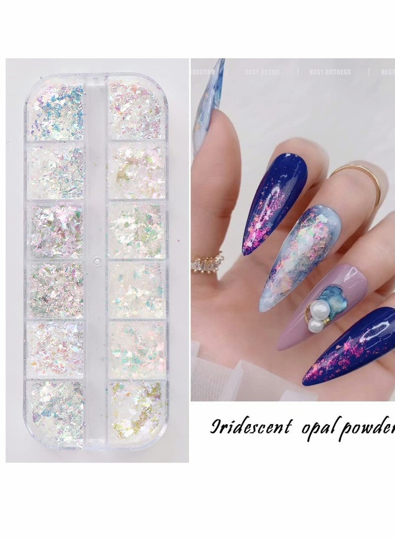 Nail Art Glitter Iridescent Flakes, Nail Foil 12 Grids Mermaid Bright Colorful Star Gradient Ice Slag Nail Sequins Paillettes Summer Nail Art Decoration