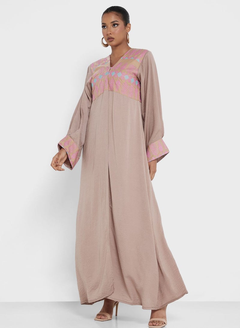 Embroidered  Front Slit  Abaya