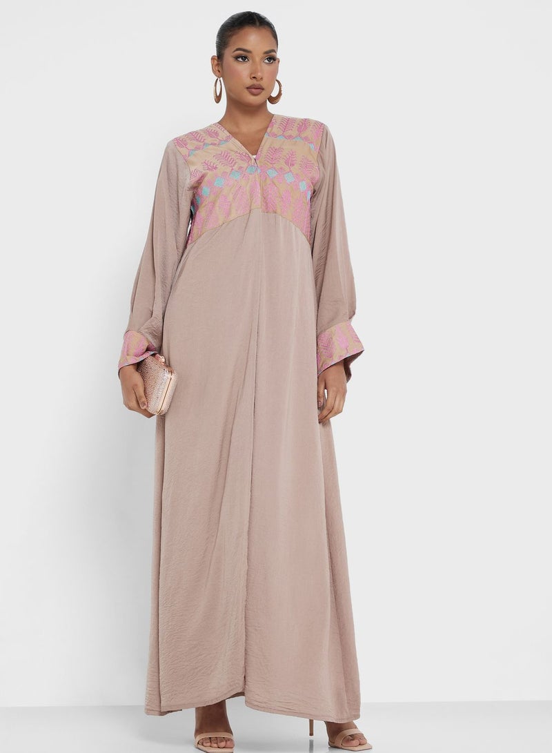 Embroidered  Front Slit  Abaya