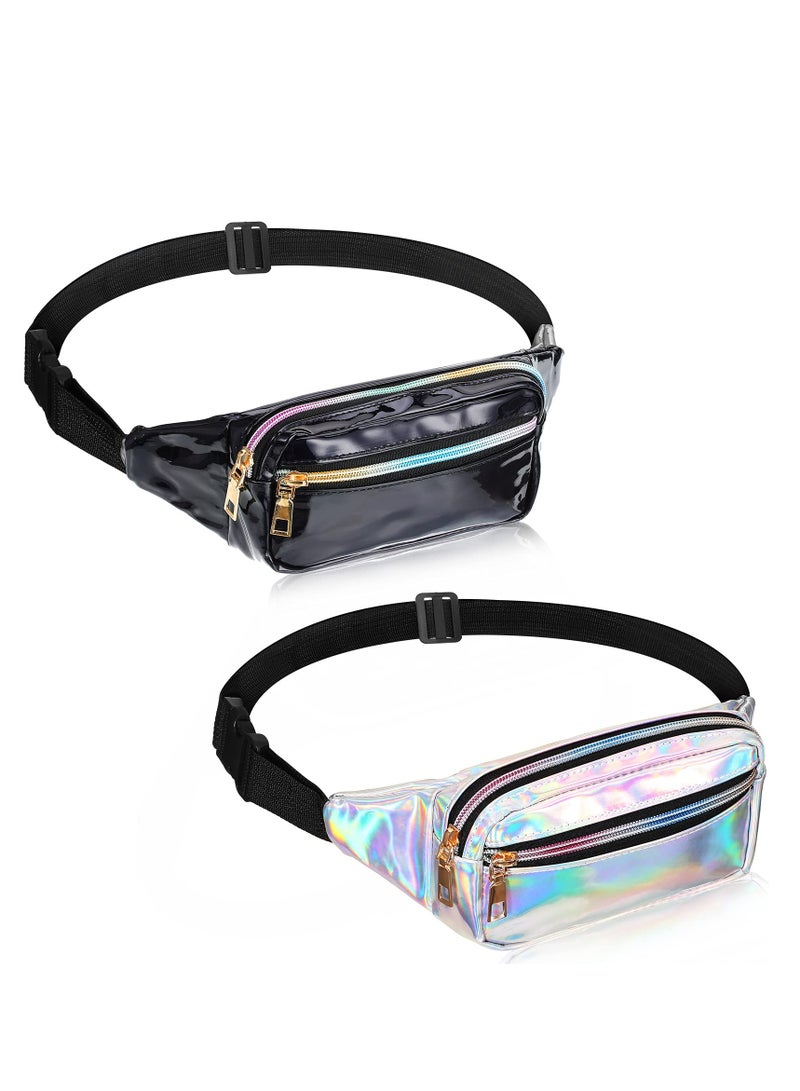 2 Piece Waist Pack Shiny Holographic Waist Pack Waterproof Neon Waist Pack Holiday Ladies, Men'S Pack Outdoor Sports Cell Phone Pack (Silver, Black)