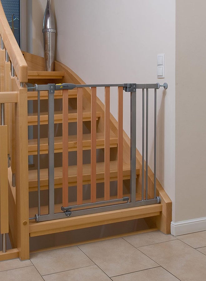 Safety Gate For Doors And Stairs Woodlock Safe Gate (75 - 80Cm) Plus Two 21Cm Extension, Maximum 117 - 122Cm, Pressure Fit, No Drilling Needed, Extendable With Separate Extensions, Metal, Silver And Brown