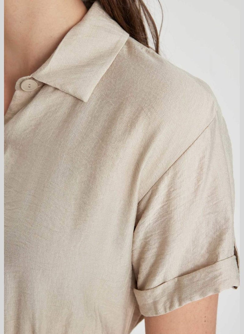 Shirt Collar Midi Short Sleeve Woven Dress