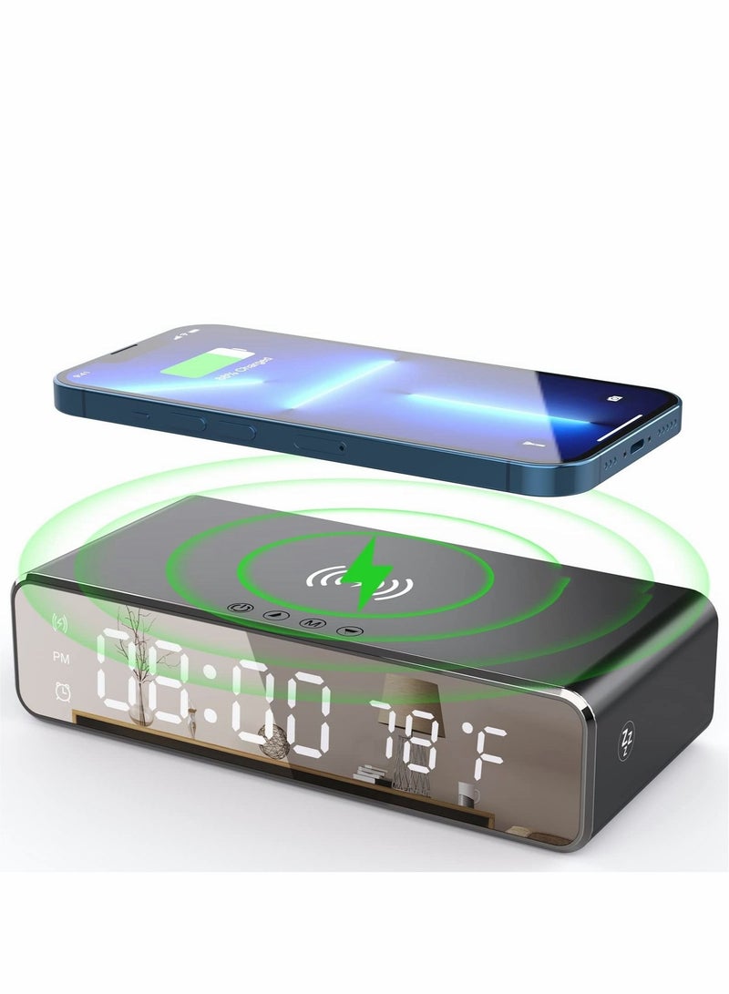 Wireless Charging Digital Alarm Clock, 15W Fast Wireless Charger Alarm for Smart Phone, Dimmable LED Display, Snooze Mode, Temperature Detect, Sleep Timer for Bedroom, Bedside, Office, Table
