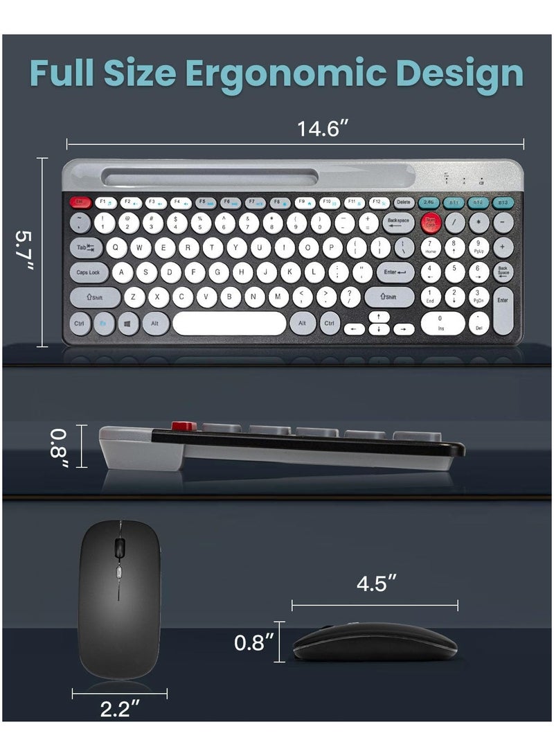 Arabic & English Wireless Keyboard and Mouse Combo, Multi-Device (Bluetooth+2.4G) Keyboard Mouse with Phone Tablet Holder, Full-Sized Typewriter Cordless Keyboard and Mouse for Computer/Laptop (Black)