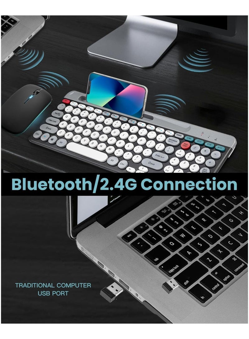 Arabic & English Wireless Keyboard and Mouse Combo, Multi-Device (Bluetooth+2.4G) Keyboard Mouse with Phone Tablet Holder, Full-Sized Typewriter Cordless Keyboard and Mouse for Computer/Laptop (Black)