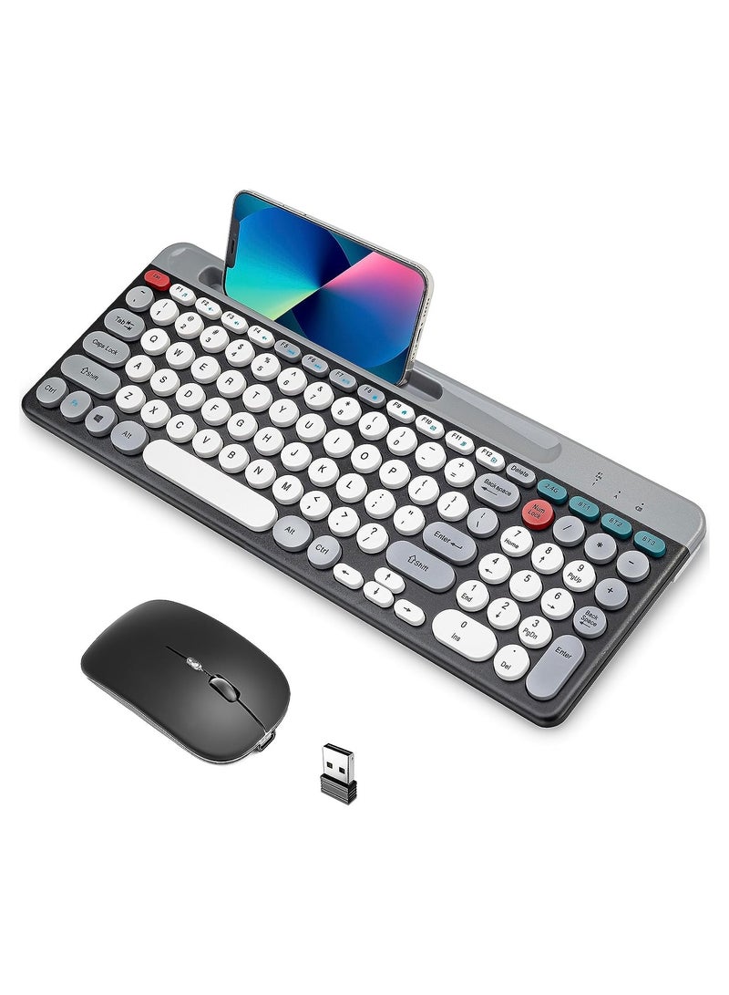 Arabic & English Wireless Keyboard and Mouse Combo, Multi-Device (Bluetooth+2.4G) Keyboard Mouse with Phone Tablet Holder, Full-Sized Typewriter Cordless Keyboard and Mouse for Computer/Laptop (Black)